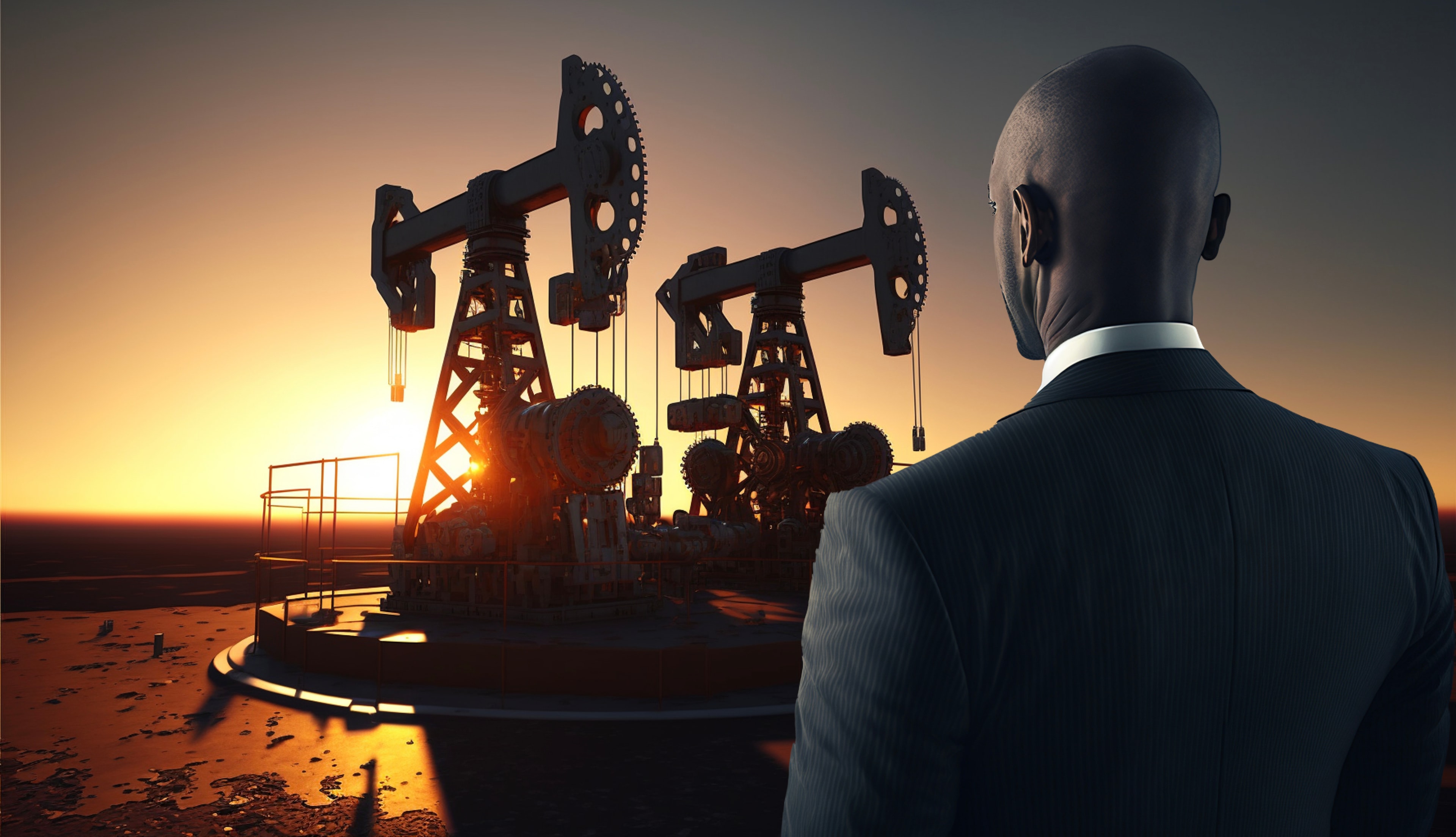 Man in suit staring at Oil rig